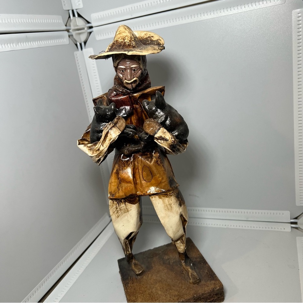 Vintage Mexican Folk Art Paper Mache Doll Man Statue Carrying Black Pigs 12”